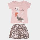 Girls Pink Cotton Round Neck Giraffe Print Night Suit, Light Pink, small