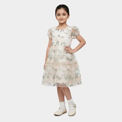 Girls' Beige Fit and Flare Lace Overlay Frock