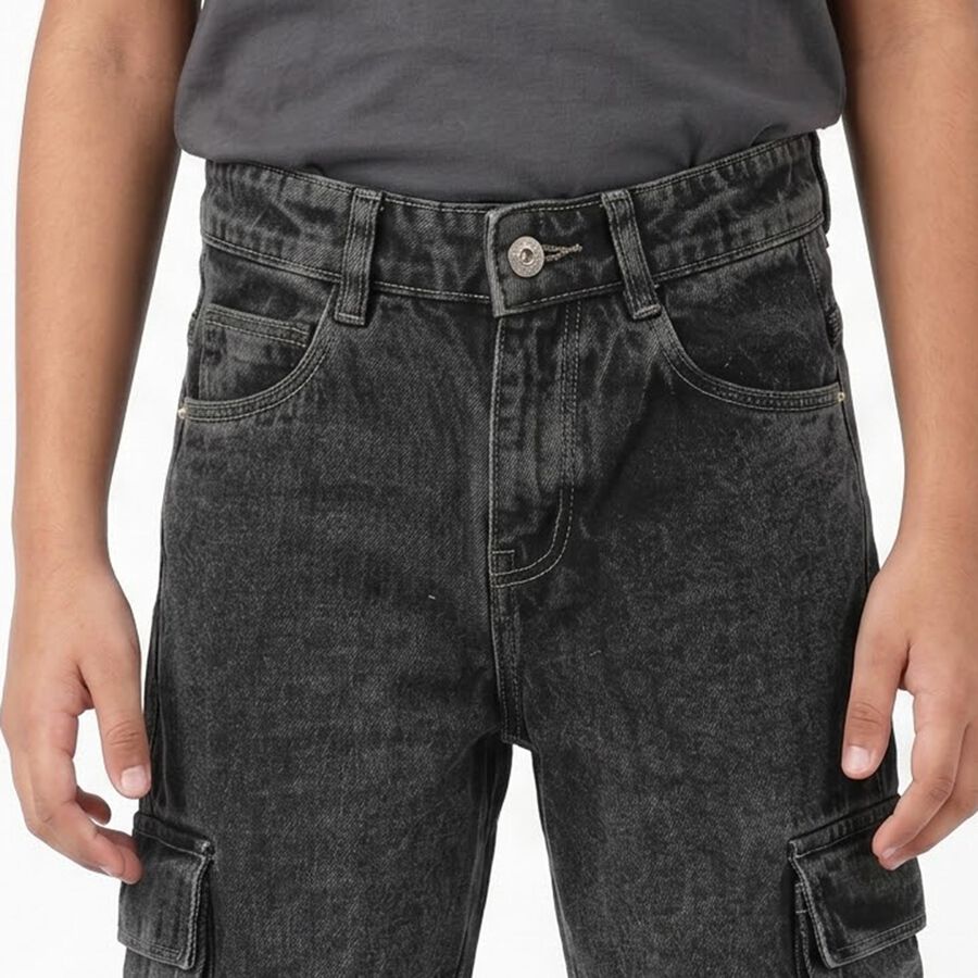 Boys' Dark Grey Cargo Fit Washed Jeans, Dark Grey, large