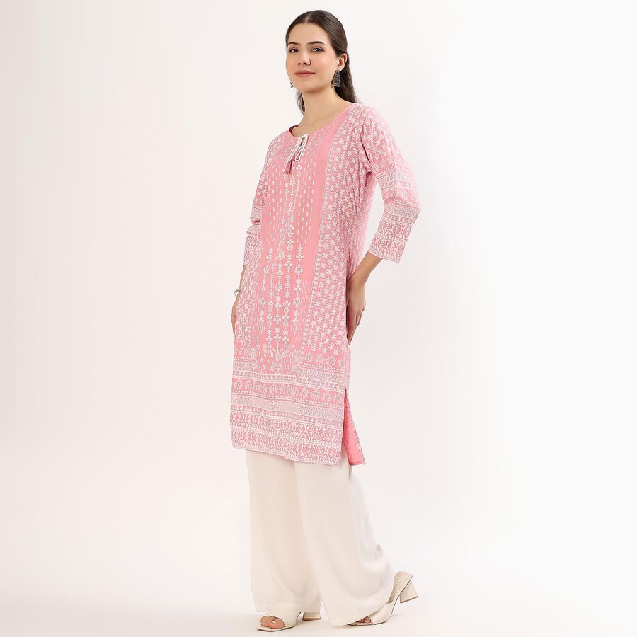 Women's Soft Pink Round Neck Floral Printed Kurta, गुलाबी, large