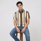 Men's Brown Round Neck Striped Regular T-Shirt, भूरा, small