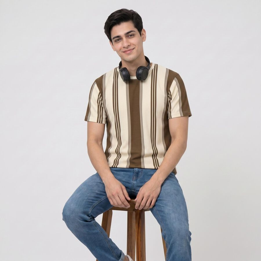 Men's Brown Round Neck Striped Regular T-Shirt, भूरा, large