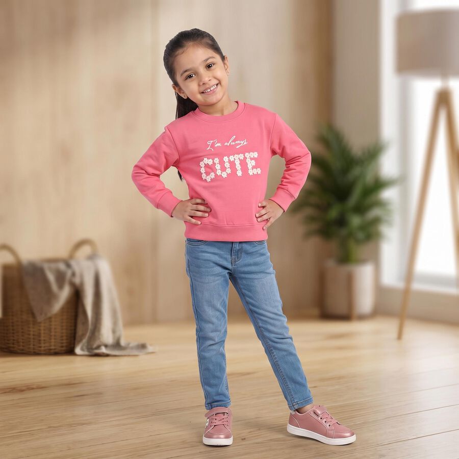 Girls' Pink Round Neck Pullover Sweatshirt, Pink, large