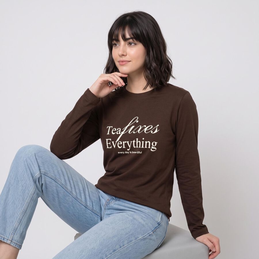 Women's Brown Round Neck Regular Top, भूरा, large