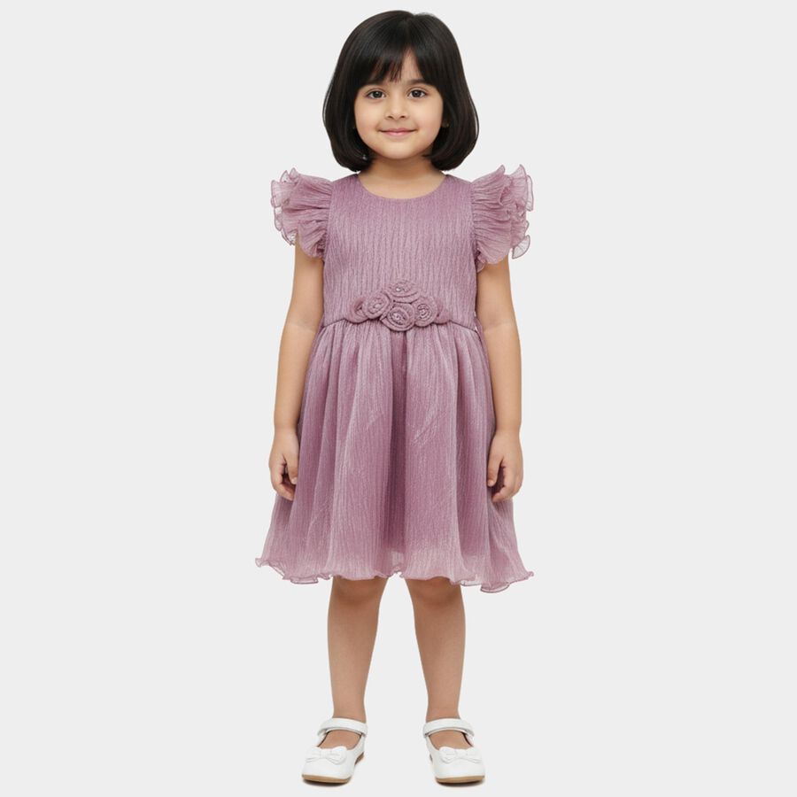 Girls' Lilac Flared 3D Floral Applique Frock, लाइलेक, large
