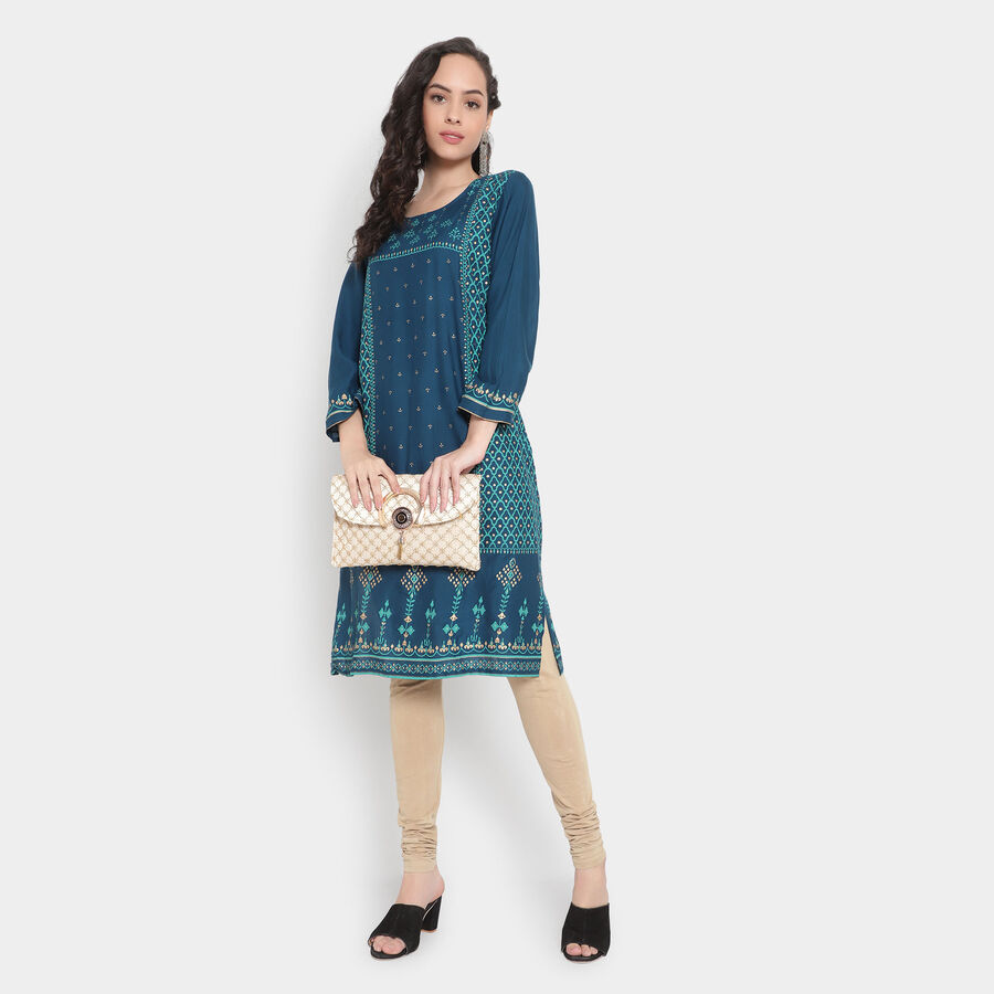 3/4th Sleeves Straight Kurta, Teal Blue, large image number null