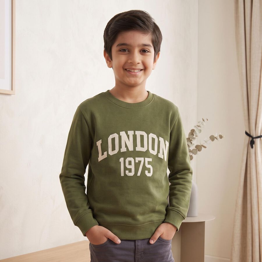 Boys' Olive Green Crew Neck Pullover Sweatshirt, Olive, large