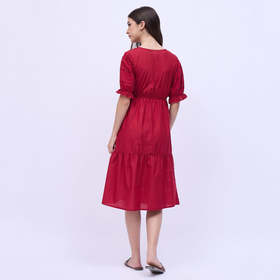 Women's Rich Crimson Red Cotton V-Neck Casual Midi Dress, Maroon, large image number null