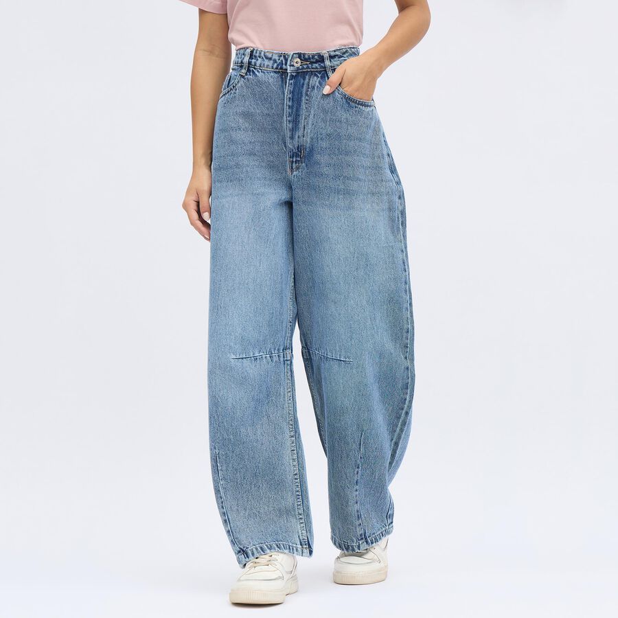 Women's Stonewashed Blue Wide Leg High-Rise Jeans, मध्यम नीला, large image number null