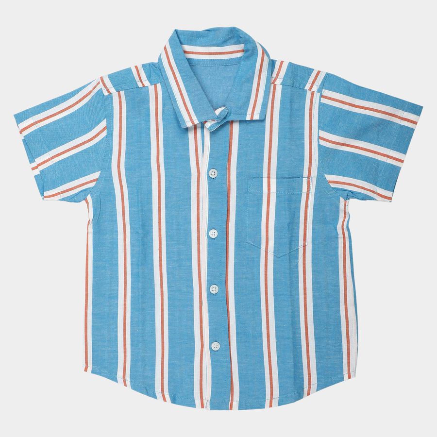 Boys Blue Cotton Short Sleeves Collared Regular Fit Shirt, Mid Blue, large