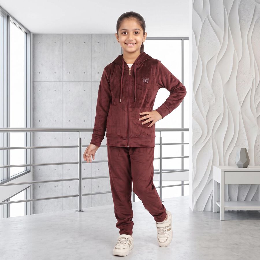 Girls Maroon Hooded Lounge Style Hipster Set, वाइन, large