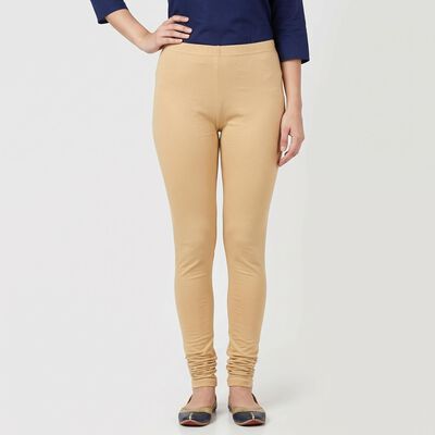 Women's Beige Cotton Blend Elastic Waist Slim Fit Churidar