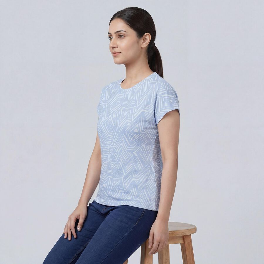 Women's Blue Round Neck Casual T-Shirt, हल्का नीला, large
