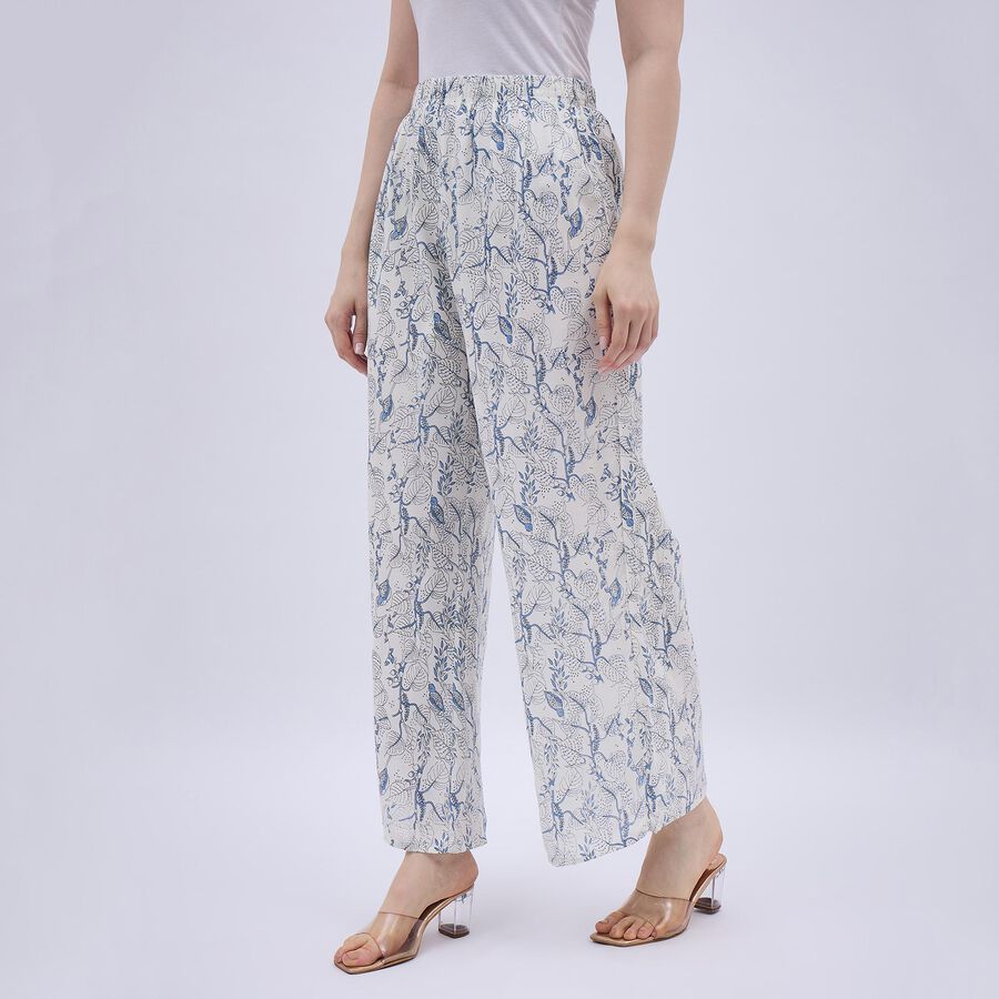 Women's White and Blue Floral Wide-Leg Palazzos, हल्का नीला, large image number null