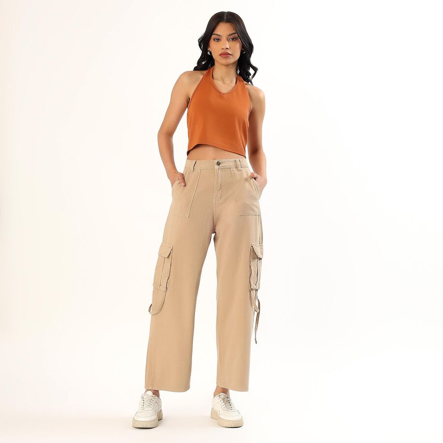 Women's Beige Wide Leg Cargo Jeans, Off White, large