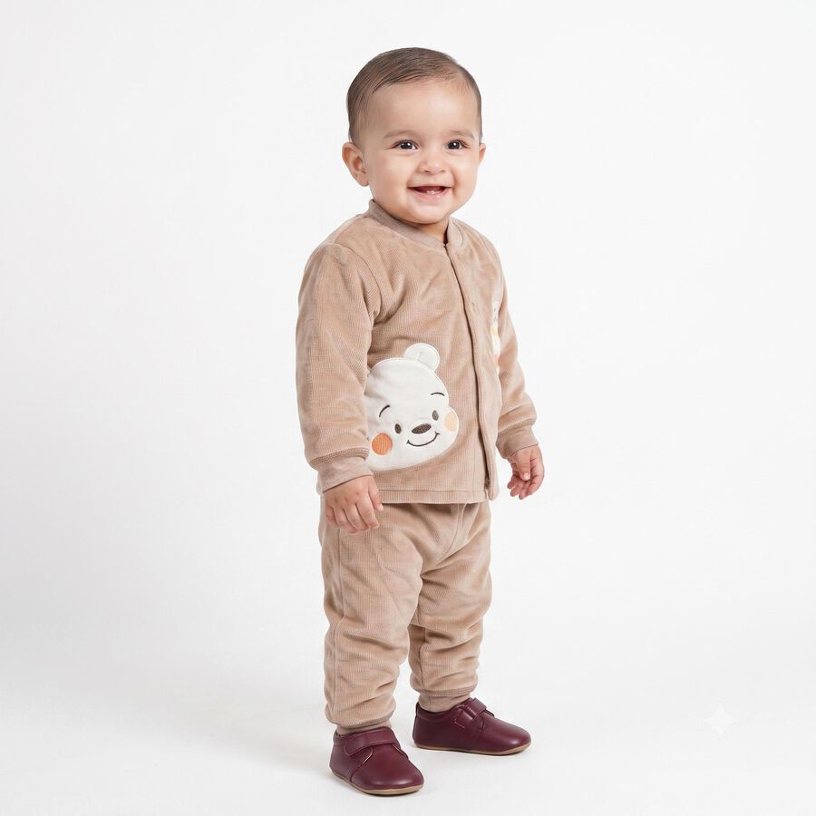Infants' Beige Round Neck Appliqu&eacute; Baba Suit, Beige, large