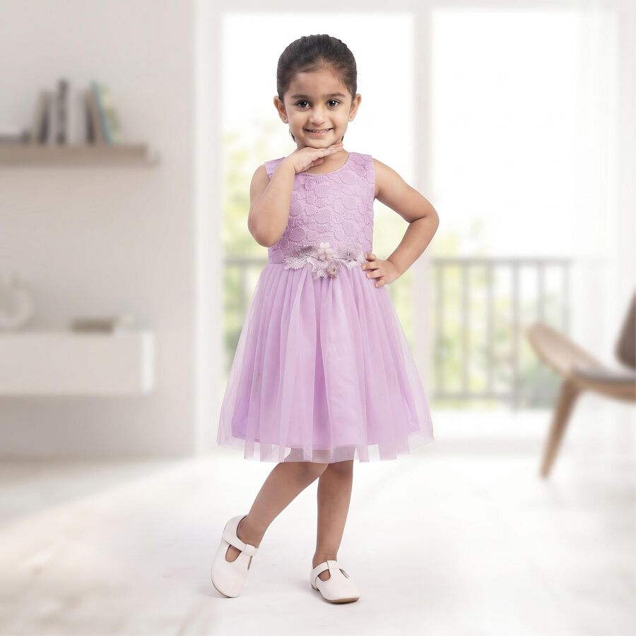 Girls' Lilac Sleeveless Lace Applique Fit and Flare Frock, लाइलेक, large
