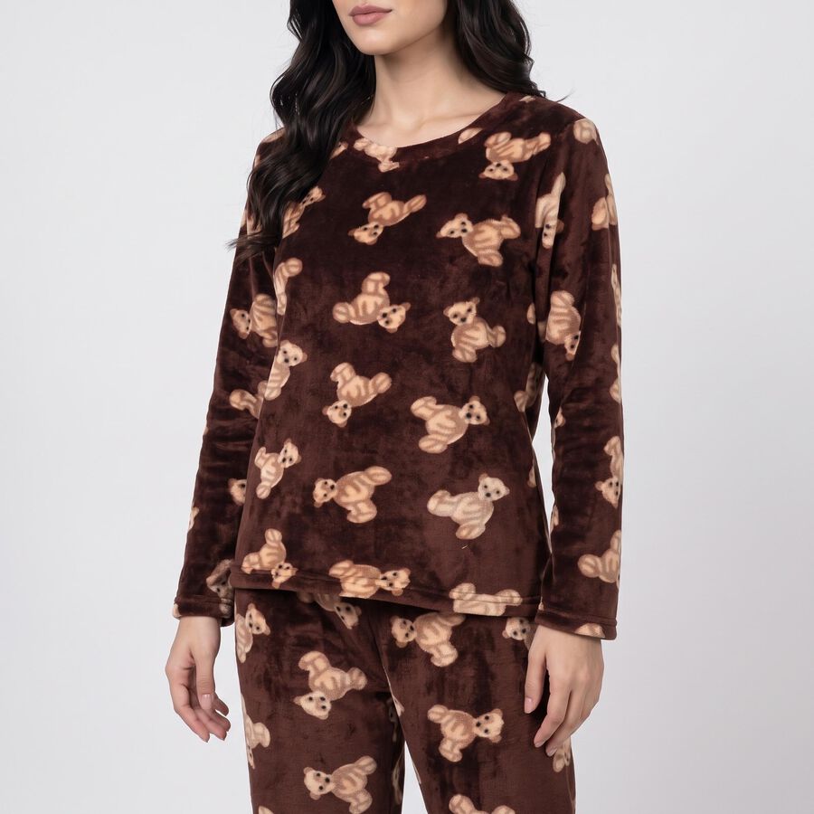 Women's Wine Straight Fit Teddy Printed Pyjama Set , वाइन, large