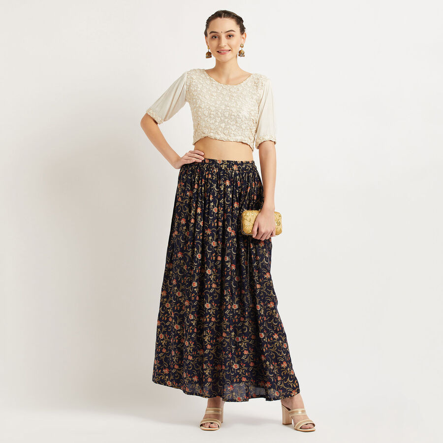 Printed Lehenga Skirt, Navy Blue, large image number null