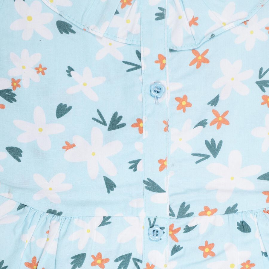 Girls' Light Sky Blue Floral Printed Sleeveless Flared Frock, Light Blue, large image number null