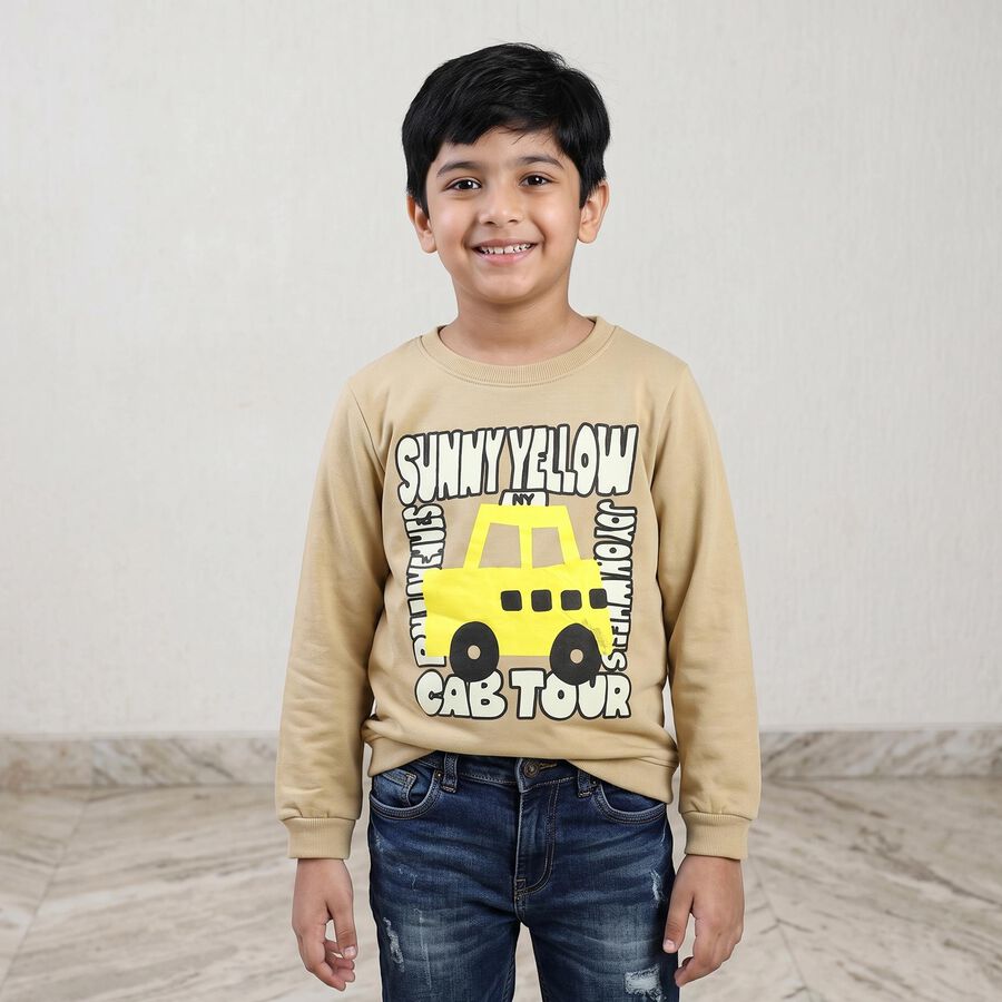 Boys' Beige Crew Neck Graphic Print Sweatshirt, गहरा पीला, large