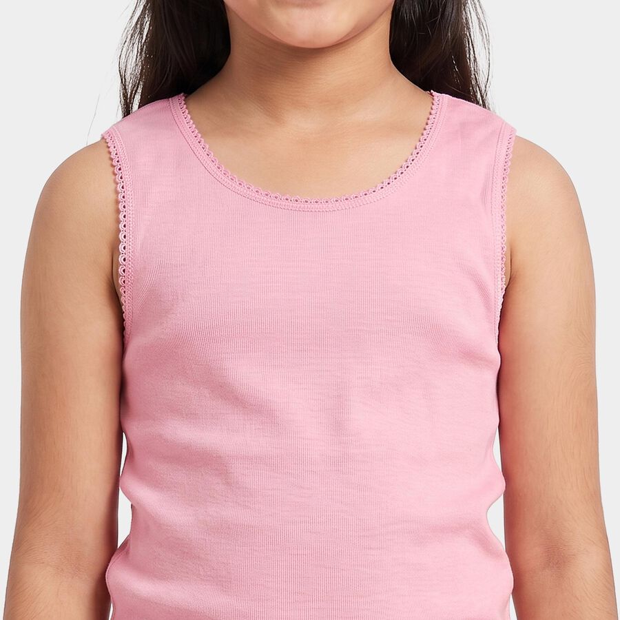 Girls Pink Cotton Round Neck Sleeveless Vest, गुलाबी, large