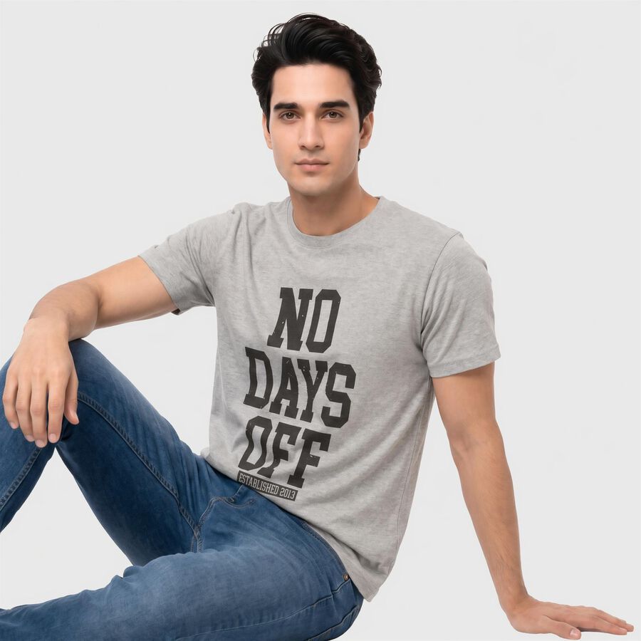 Men's Grey Round Neck Graphic Print T-Shirt, Melange Light Grey, large