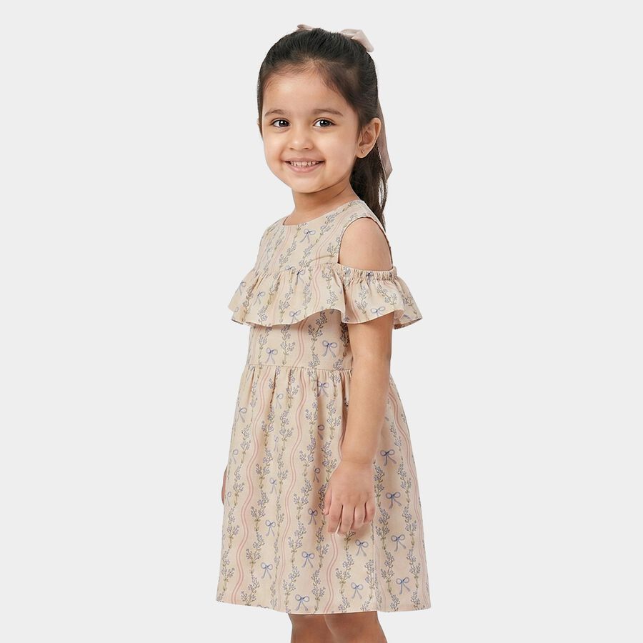 Girls' Light Pink Fit and Flare Floral Printed Cold Shoulder Frock, Light Pink, large