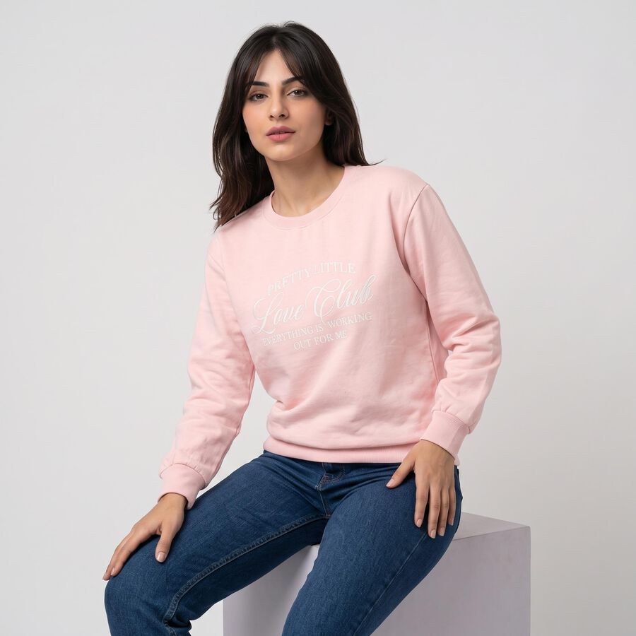 Women Pink Crew Neck Pullover Sweatshirt, हल्का गुलाबी, large