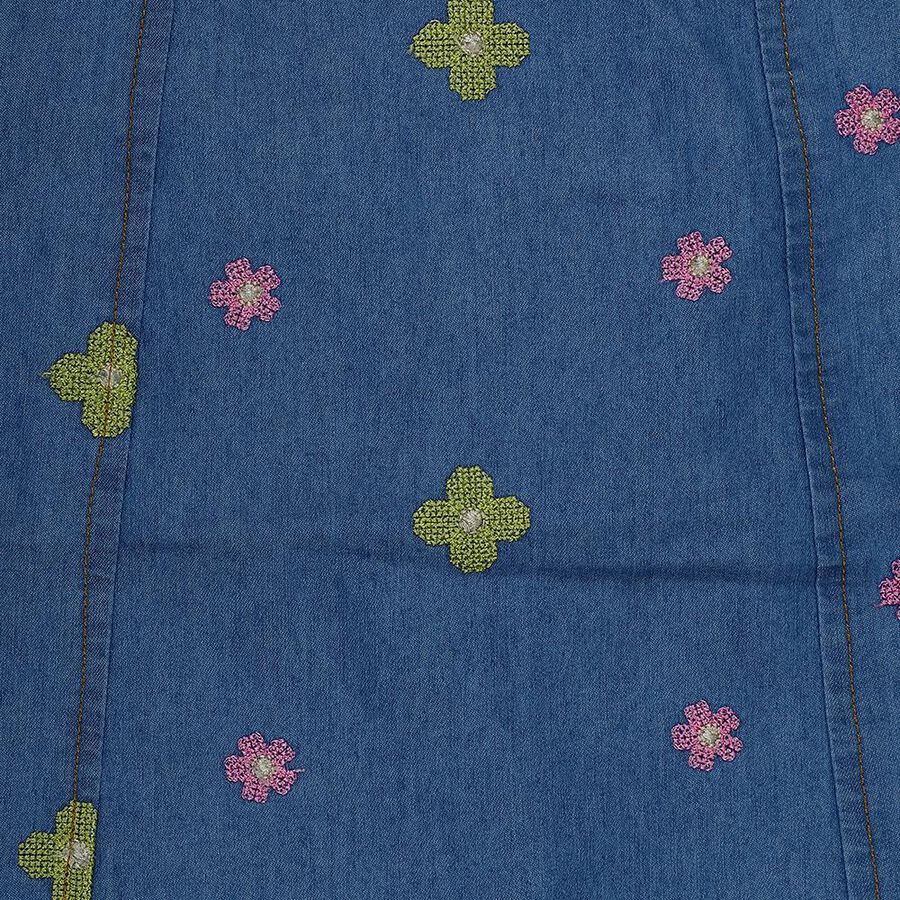 Girls' Blue Floral Embroidered Sleeveless Denim Frock, Mid Blue, large