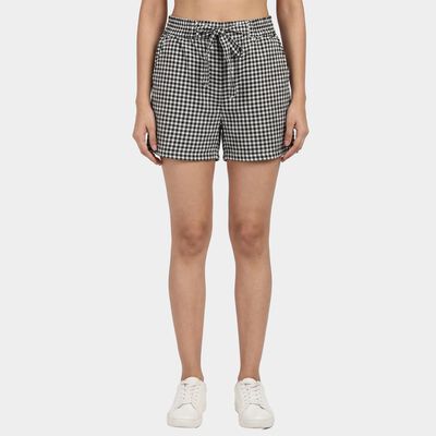 Women's Black Regular Fit Printed Drawstring Shorts