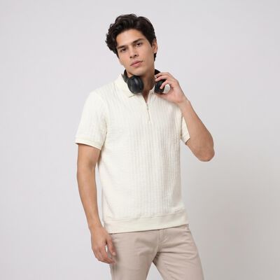 Men's Cream Polo Neck Solid Polo T-Shirt