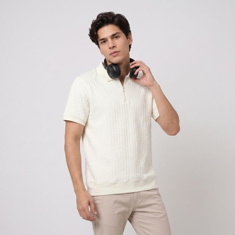 Men's Cream Polo Neck Solid Polo T-Shirt, ऑफ व्हाइट, large