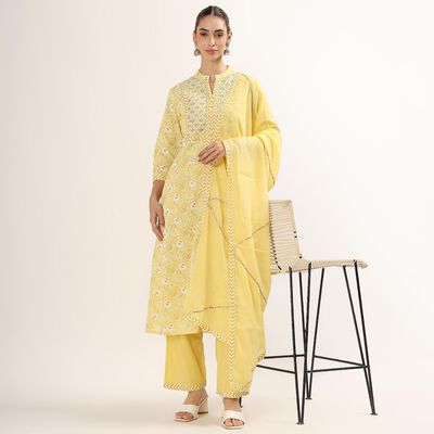 Women's Bright Mustard Yellow Mandarin Collar Embroidered Kurta
