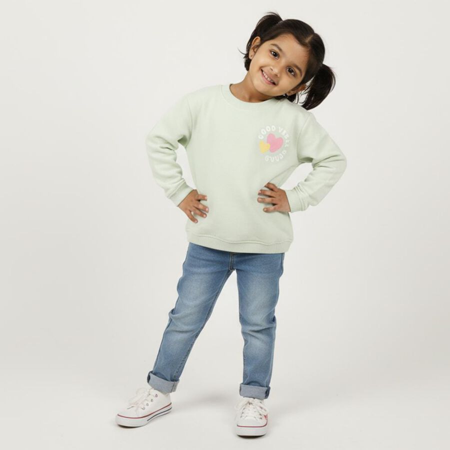 Girls Light Sage Green Crew Neck Casual Sweatshirt, हल्का हरा, large image number null