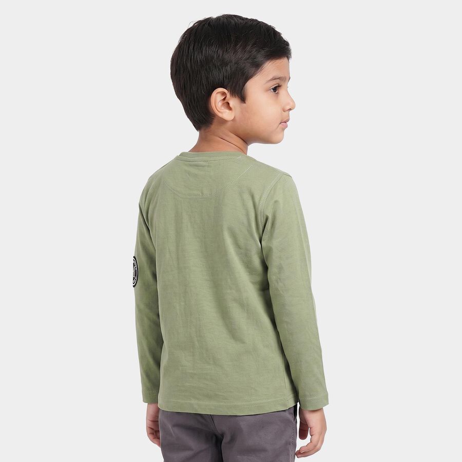 Boys Olive Green Cotton Round Neck Regular T-Shirt, Olive, large