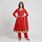 Women's Red Cotton Round Neck Embroidered Anarkali Kurta, Red, small