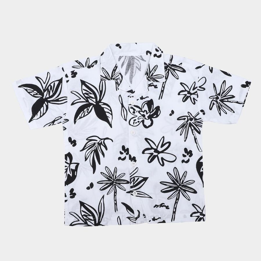 Boys White Cotton Camp Collar Casual Shirt, White, large