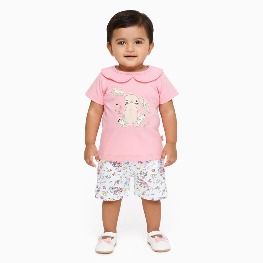 Infant Girl Soft Pink Cotton Peter Pan Collar Casual Shorts Set, Pink, large