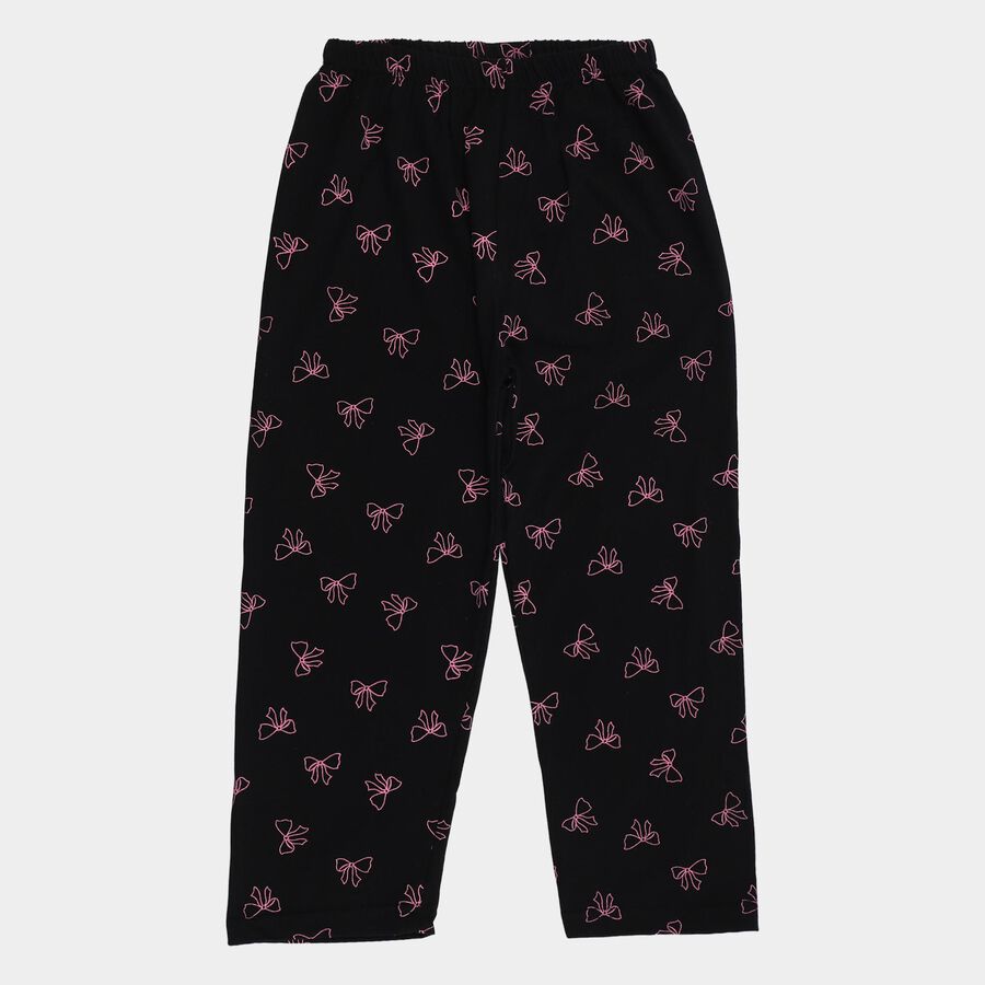 Girls' Black Regular Fit Cat Printed Cotton Blend Pyjama, Black, large