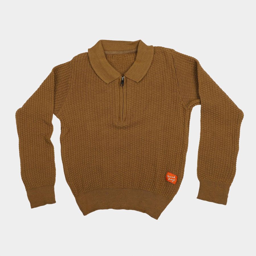 Boys Brown Collared Half Zip Pullover, भूरा, large
