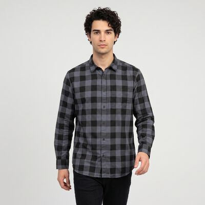 Men's Grey Cotton Long Sleeve Spread Collar Casual Shirt