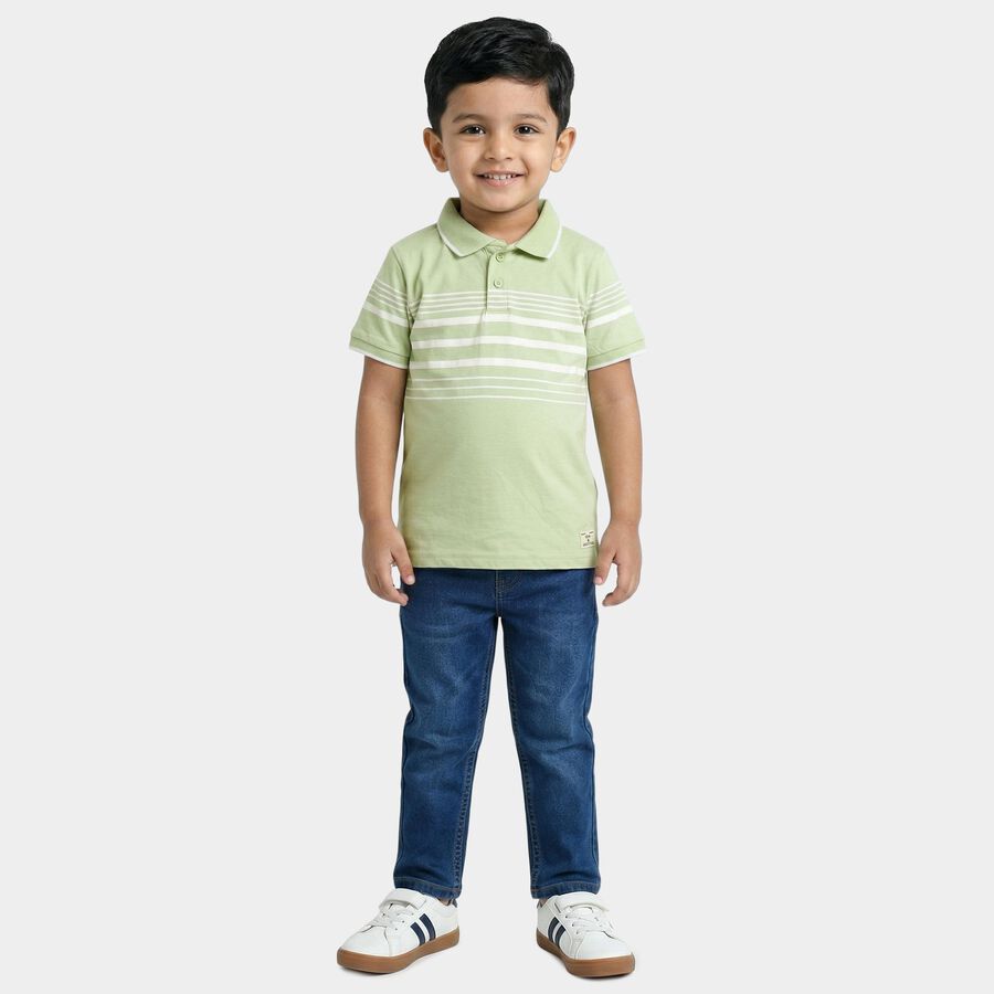 Boys Green Cotton Polo Neck Striped T-Shirt, Light Green, large