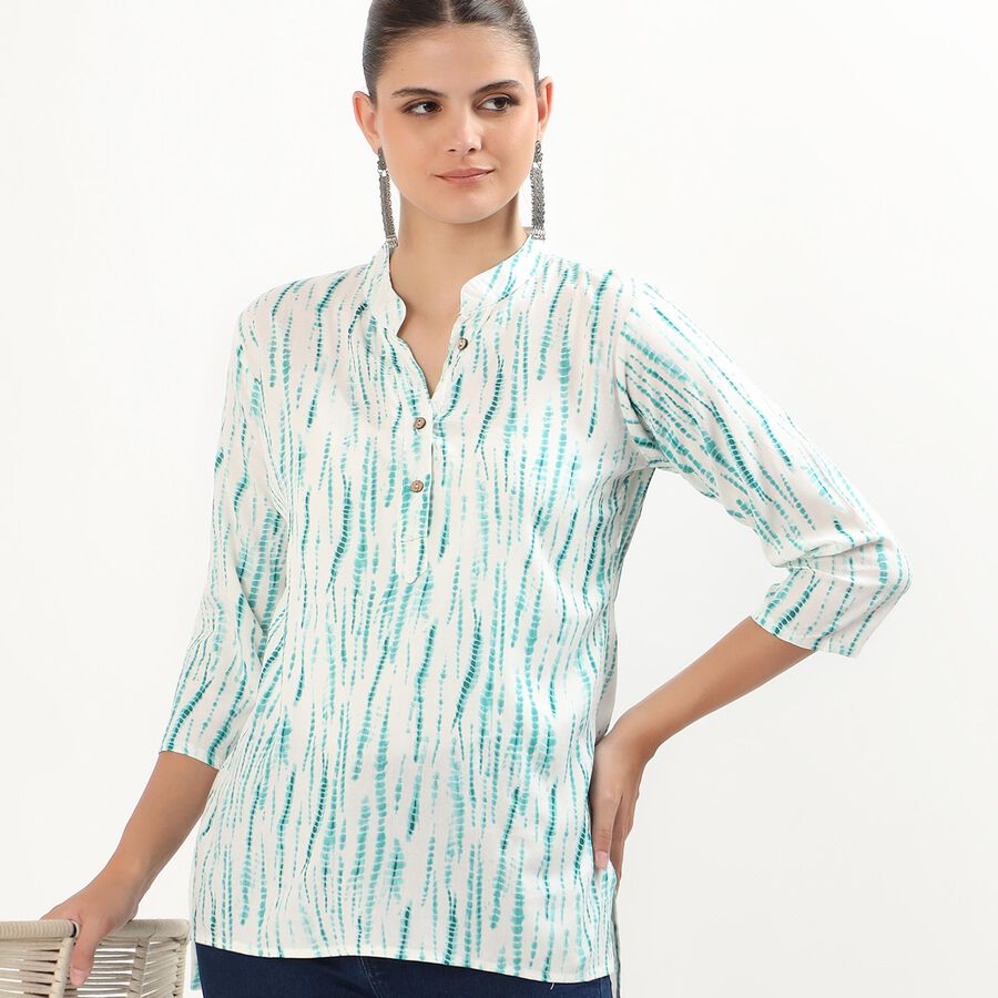 Women's Muted Aqua Green Mandarin Collar Printed Kurti, गहरा हरा, large image number null