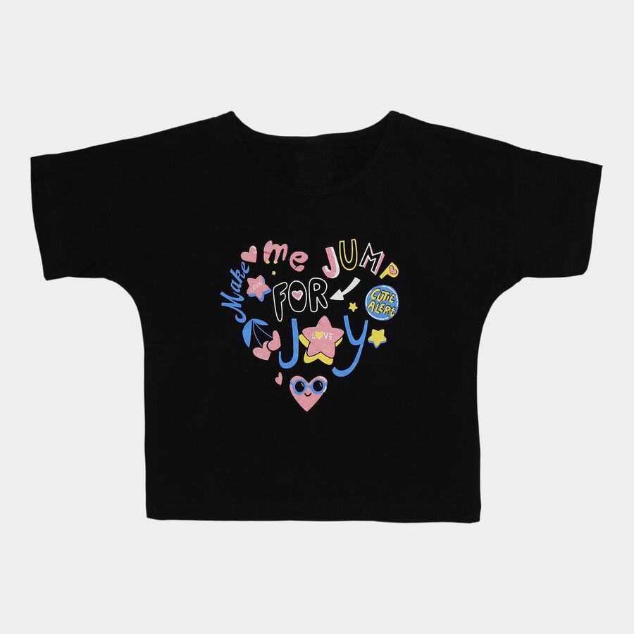 Girls' Black Cotton Round Neck Casual T-Shirt, काला, large