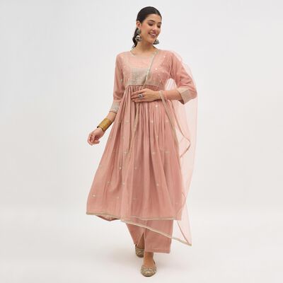 Women's Light Pink Embroidered Ethnic Set