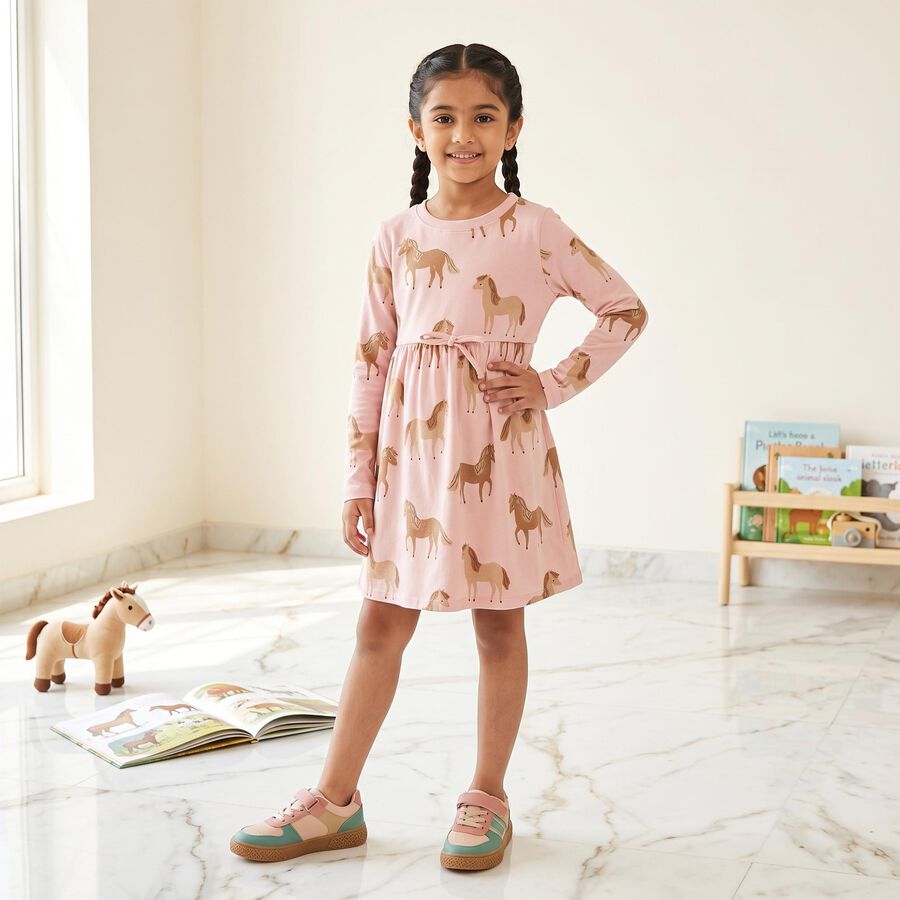 Girls Pink Horse Printed Fit and Flare Frock, Light Pink, large