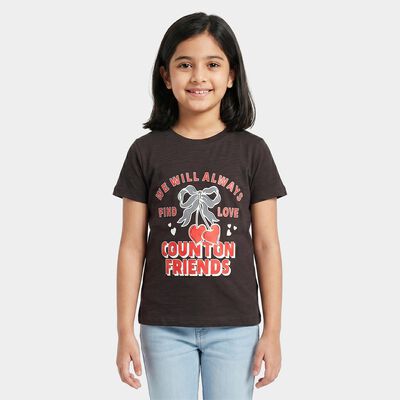 Girls Black Cotton Round Neck Regular T-Shirt