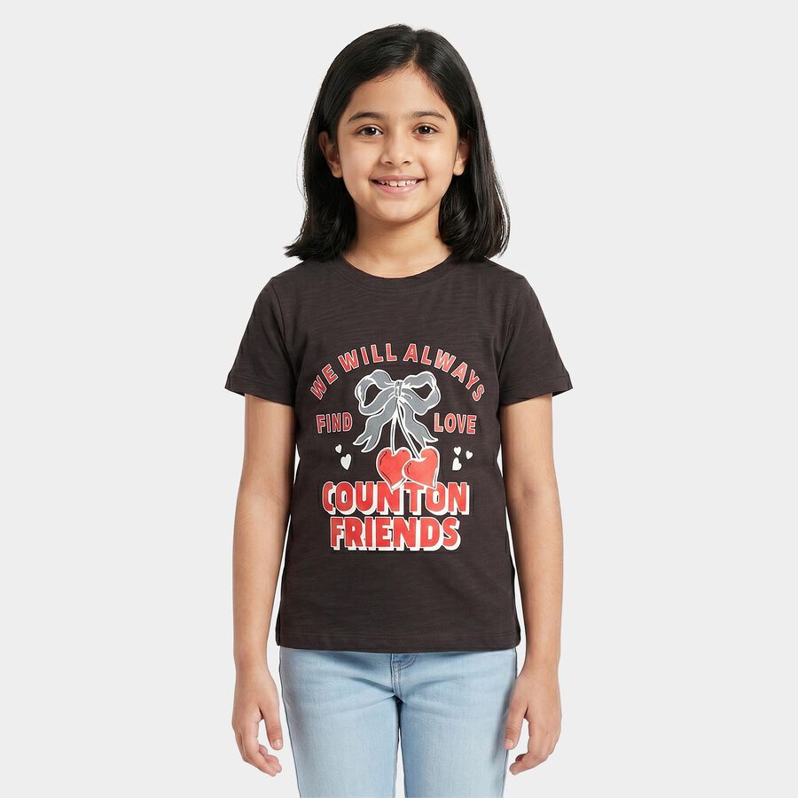 Girls Black Cotton Round Neck Regular T-Shirt, चारकोल, large