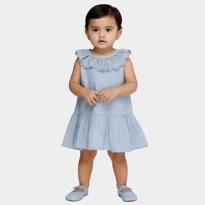 Infants' Light Blue Cotton Lace Neck Tiered Frock
